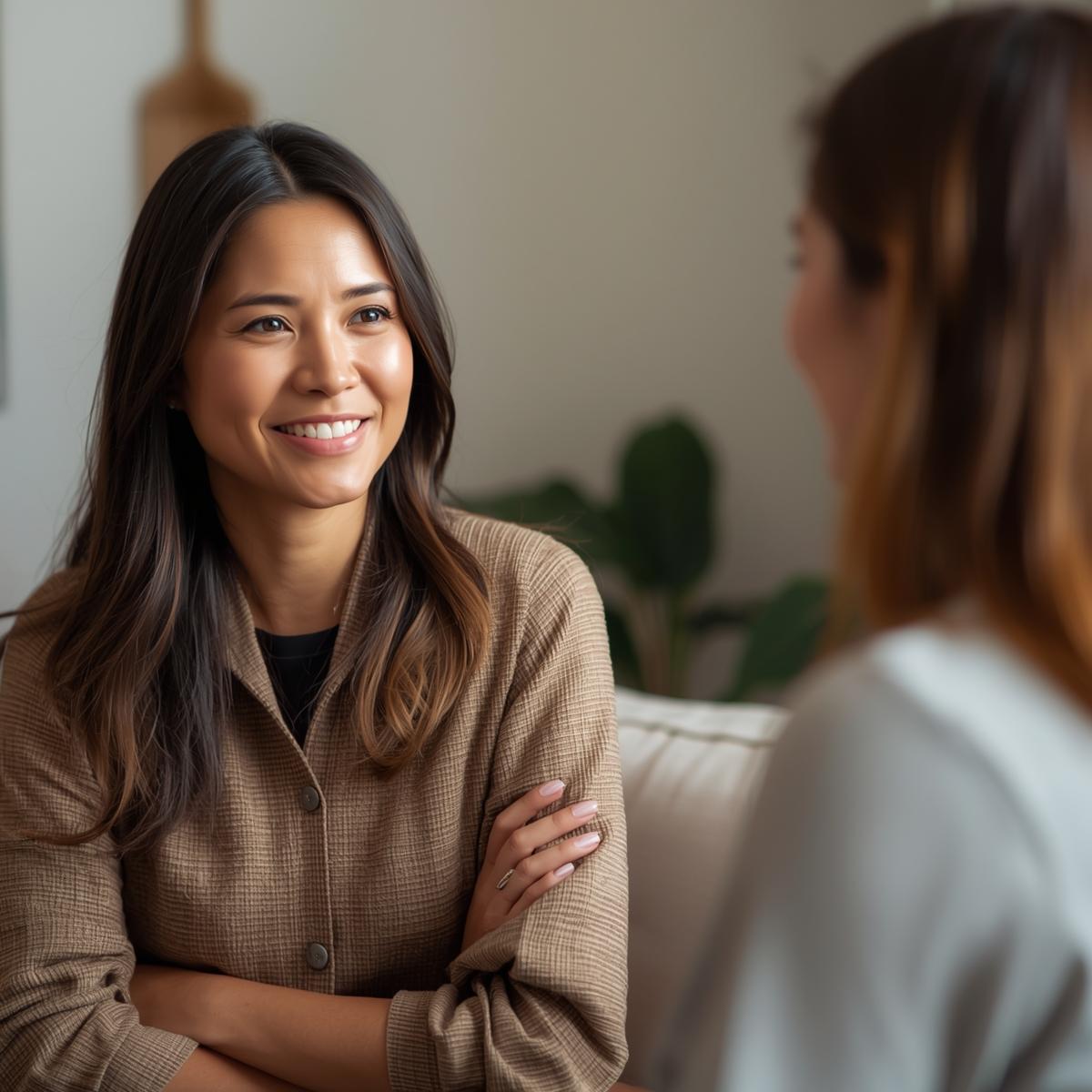 Une conversation à deux dans un cadre chaleureux (illustrant la relation coach-client) Paix Interieure