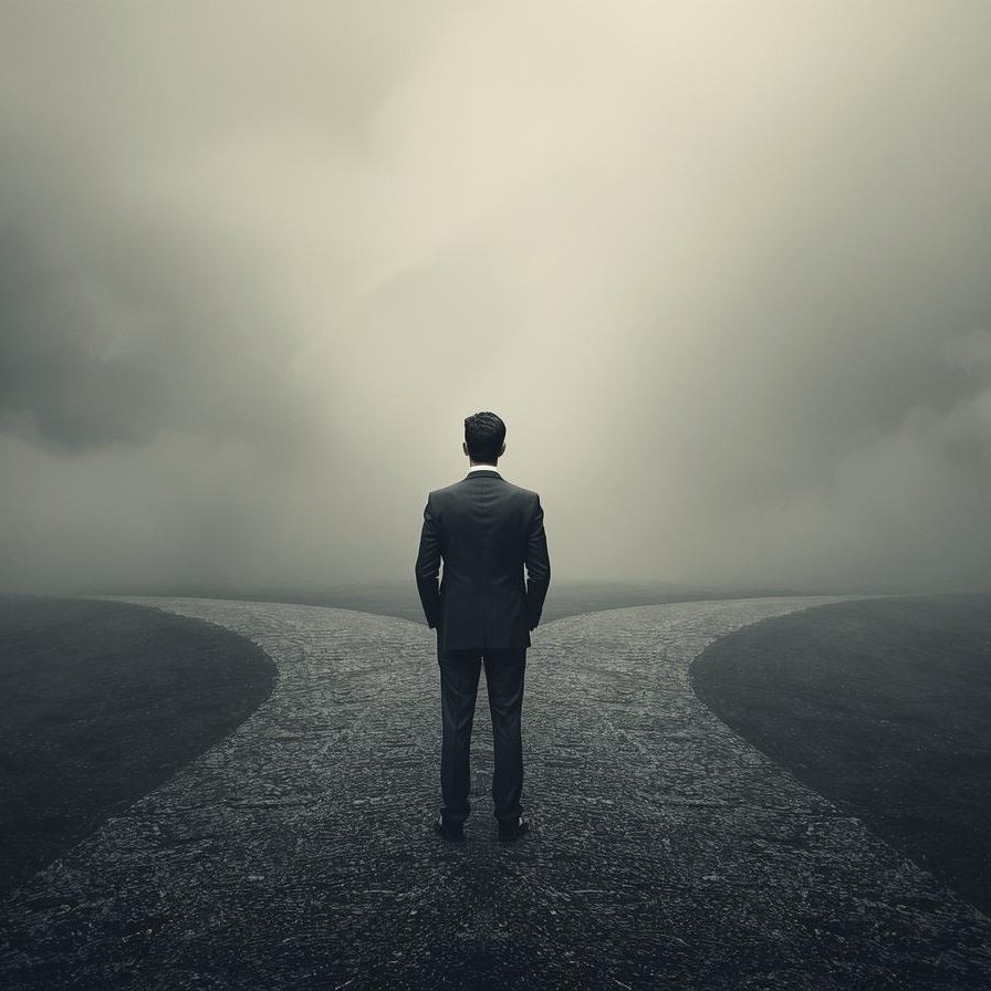 un professionnel seul, vu de dos, sur un chemin, face à un croisement ou une bifurcation Image stress